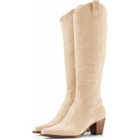 Women Beige Cowboy Knee High Boots Chunky Block Heel Square Toe Tall Riding Boot - Picture 1 of 5